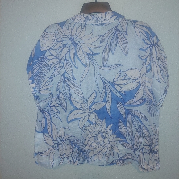 Halston Linen Women Large Top Shirt Tunic Blouse Blue Floral Button Down - Picture 2 of 5